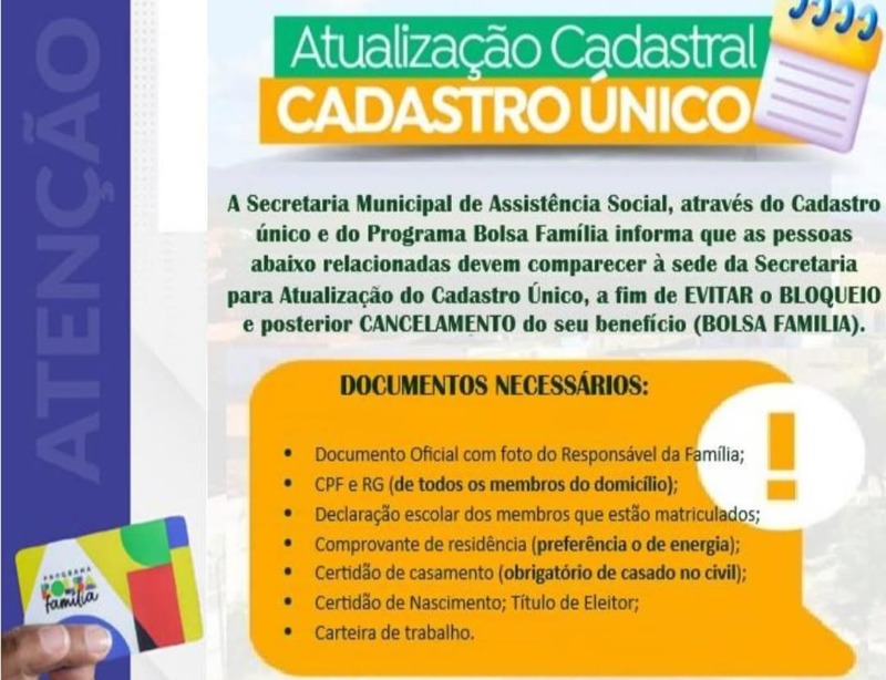 Municpio orienta famlias sobre atualizao do Cadnico