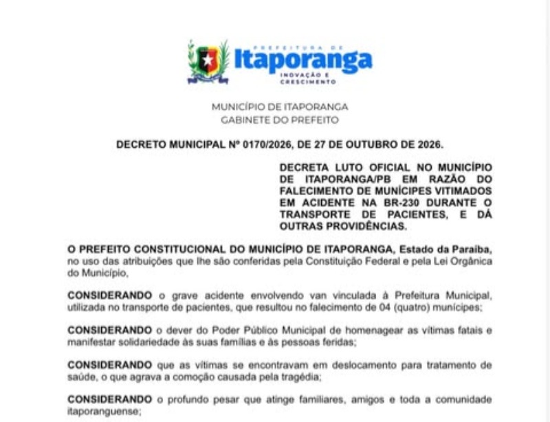 Munic�pio decreta luto ap�s acidente que vitimou cinco pessoas na BR-230